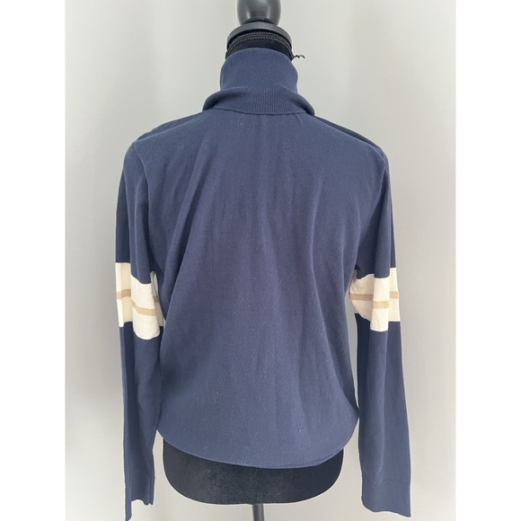 Michael Kors Women's Medium Varsity Logo Sweater Turtleneck Knit Top Blue Gold - Picture 3 of 7
